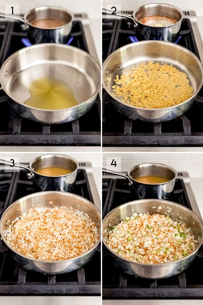 A collage of images showing the steps for how to make homemade rice pilaf on the stovetop.