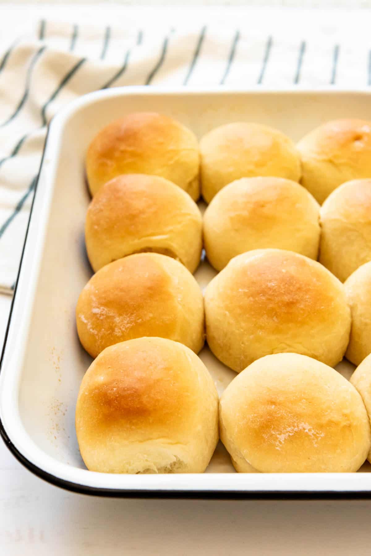 An image of soft dinner rolls in a pan.