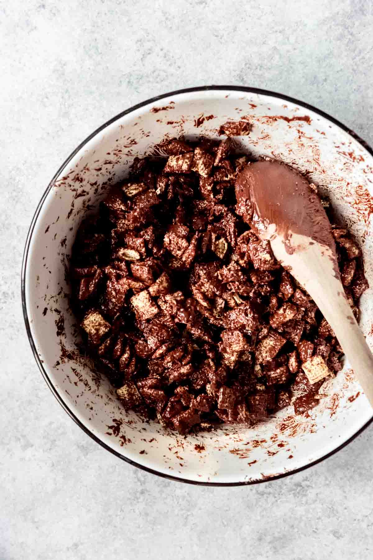 Chex cereal coated in melted chocolate.