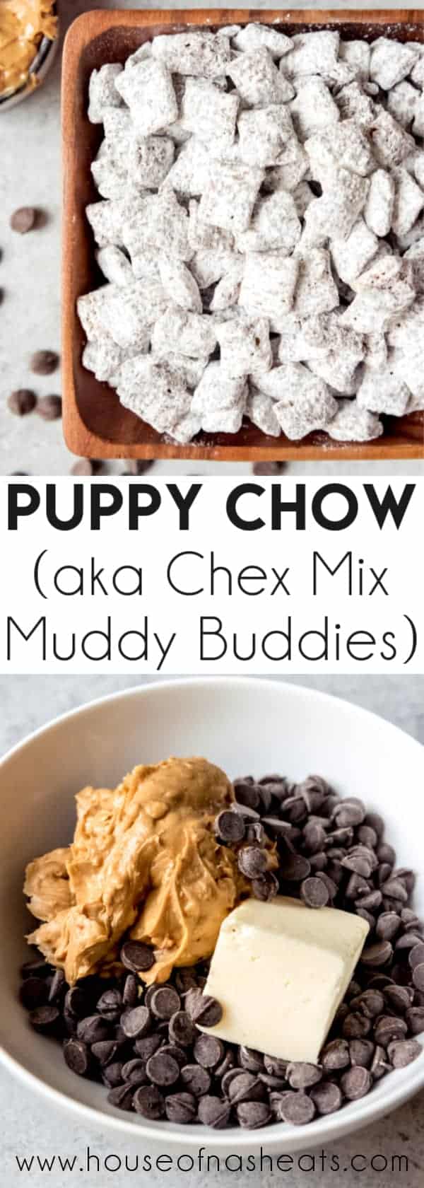 An image of puppy chow and a bowl with puppy chow ingredients.