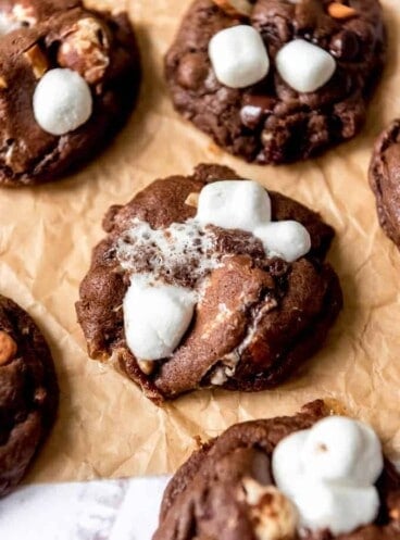 An image of soft, gooey, marshmallow almond rocky road cookies.