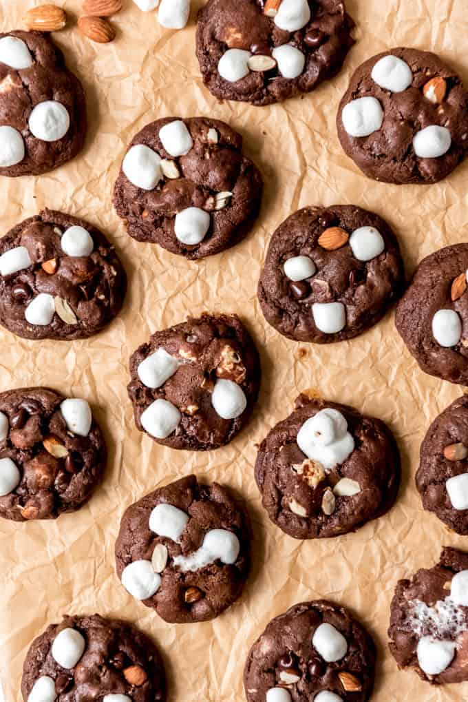 An image of chocolate marshmallow almond rocky road cookies.