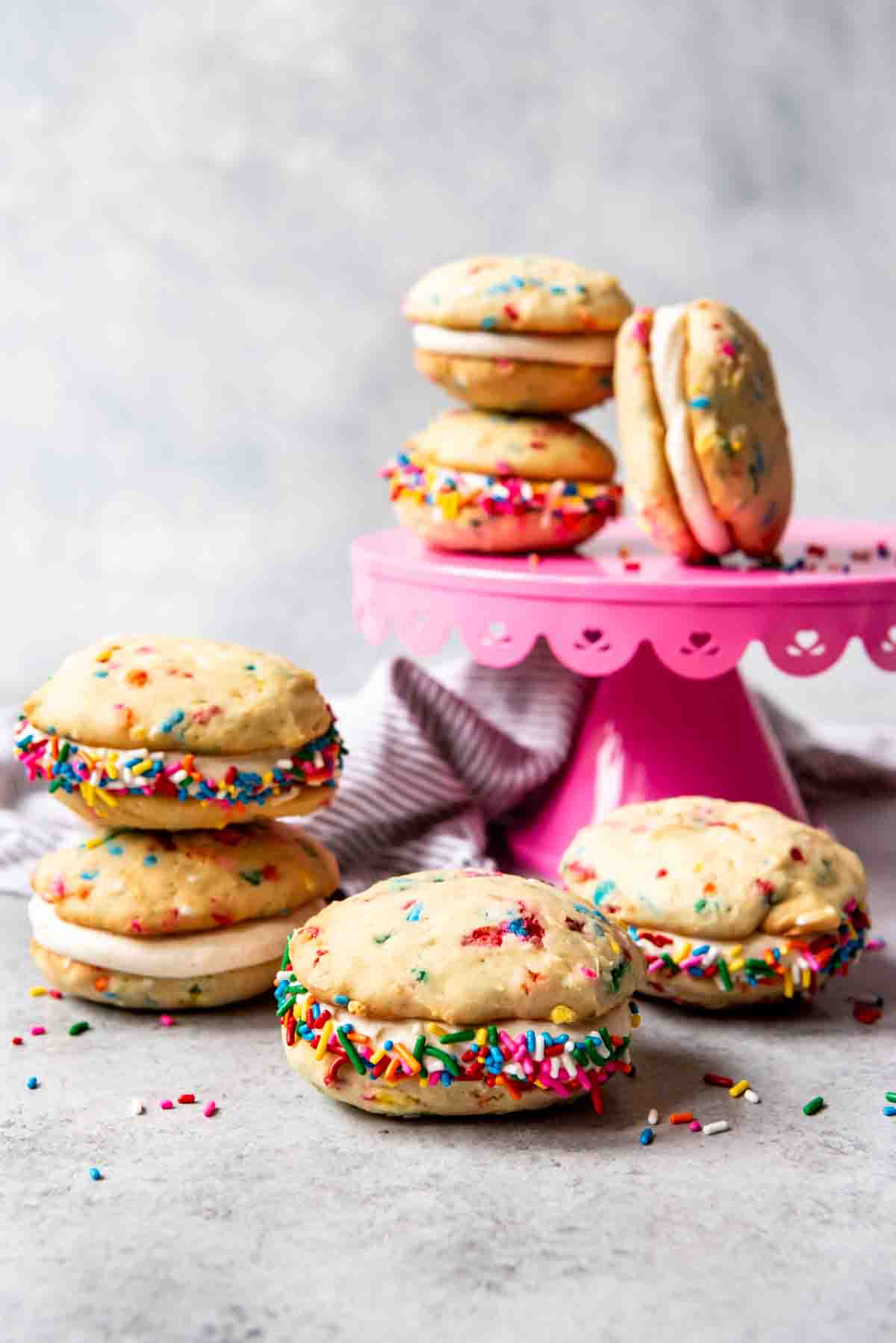 An image of soft whoopie pies with sprinkles around the edges.