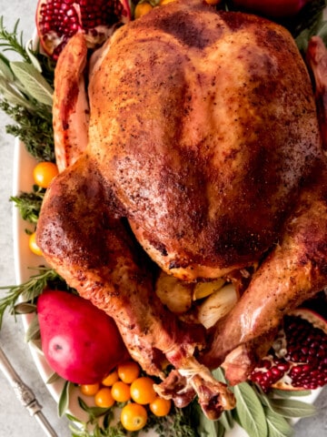 An image of a nicely browned whole Thanksgiving turkey on a serving platter.