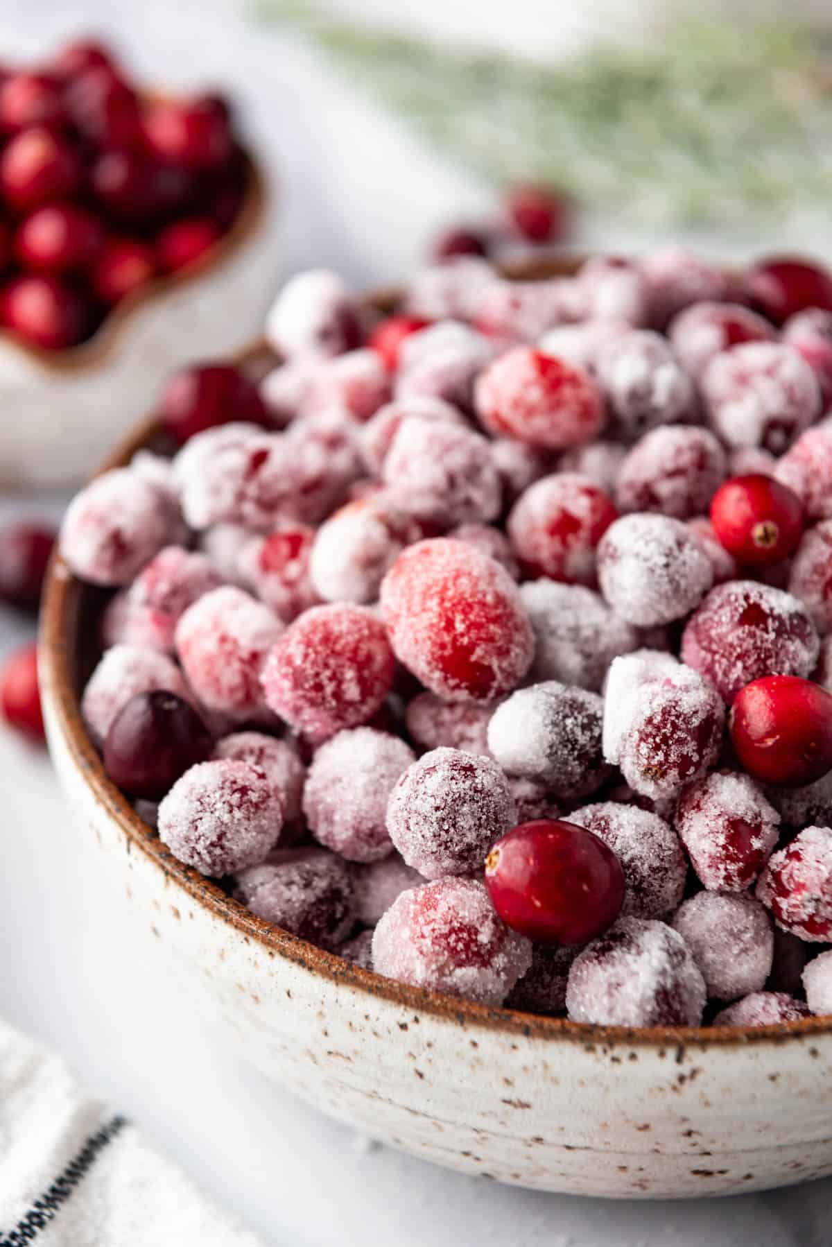 A close image of sugared cranberries in a bowl.