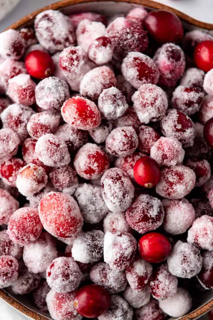 A close up image of candied cranberries.