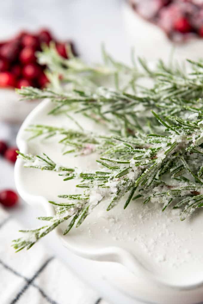 Sugared rosemary on a plate.