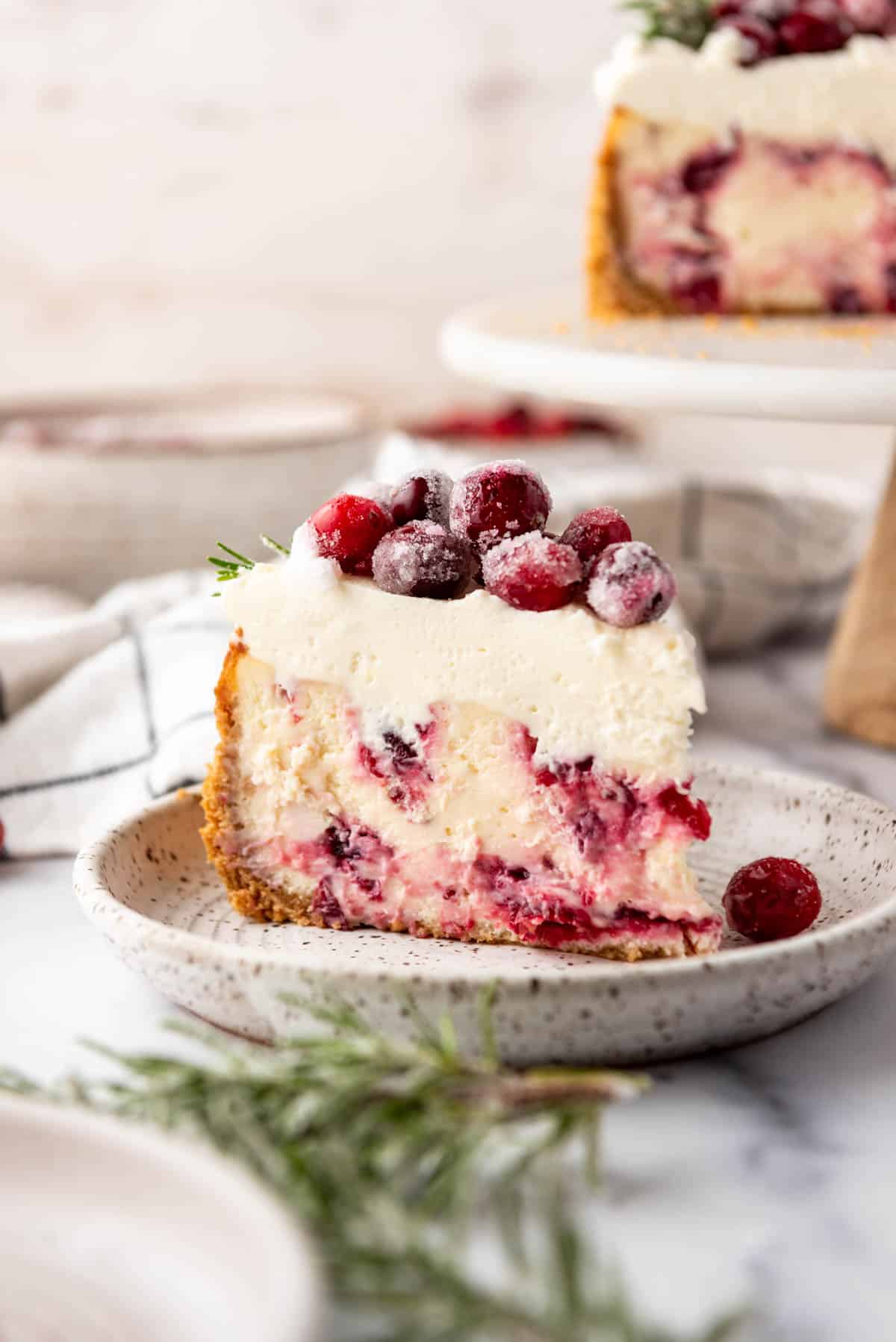 An image of a slice of cranberry cheesecake on a plate.