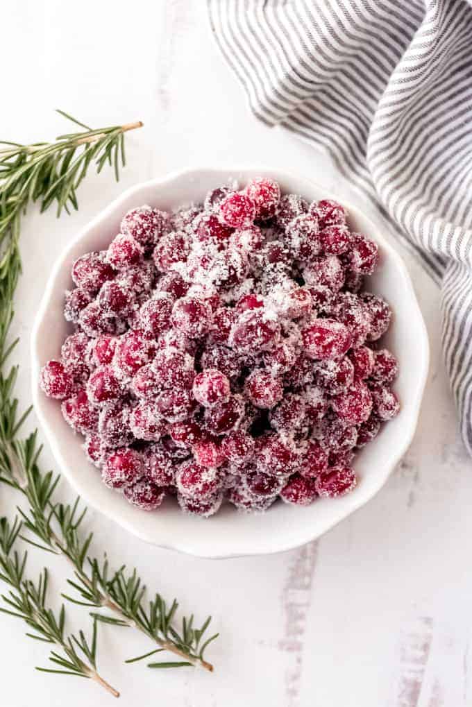 An image of a bowl of sugared cranberries.