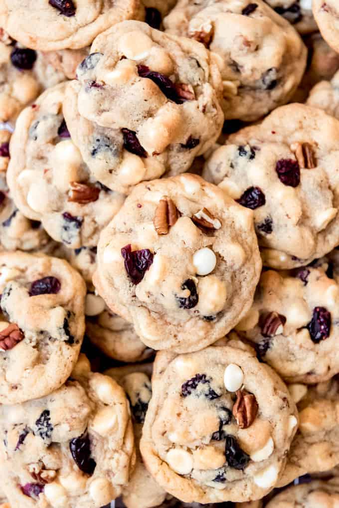 White chocolate cranberry cookies with pecans.