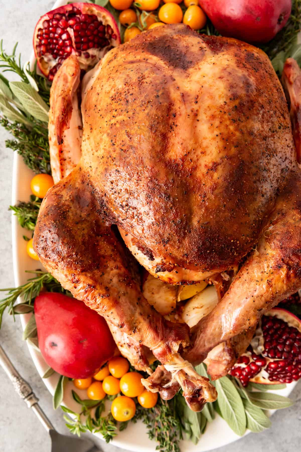 An image of a nicely browned whole Thanksgiving turkey on a serving platter surrounded by fruit and herbs.