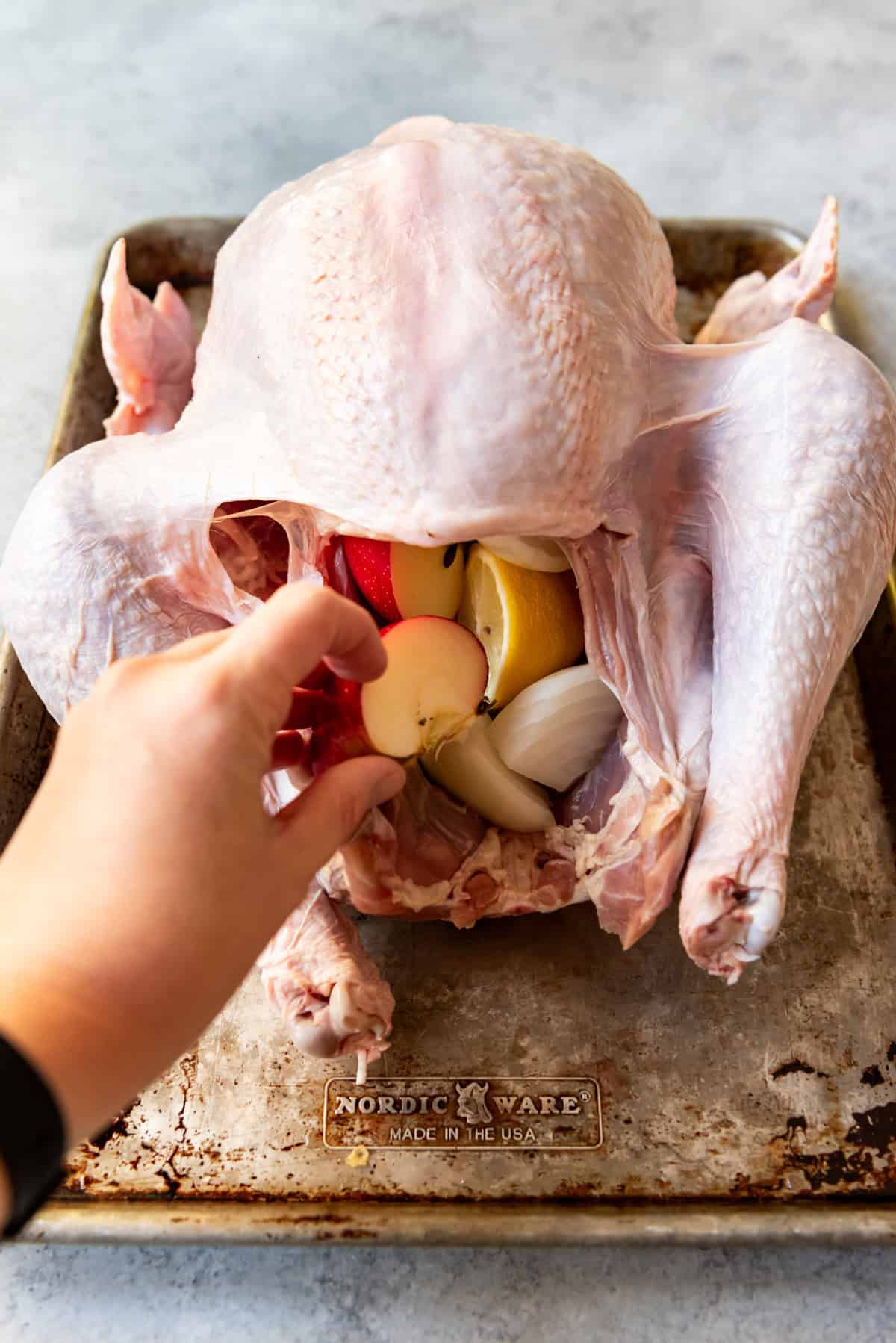 An image of a turkey being stuffed with apples, lemons, and onions.