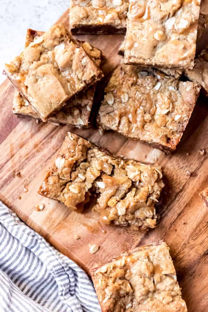 An image of oatmeal cookie bars with caramel and chocolate.
