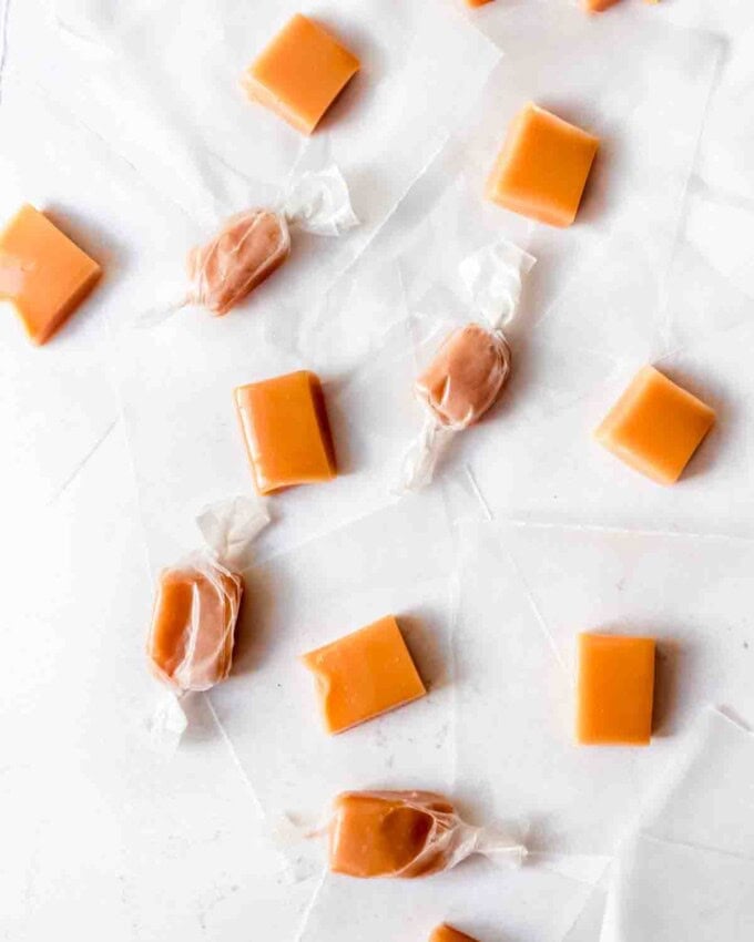 An image of individually wrapped cream caramels.