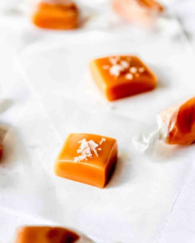 An image of pieces of homemade salted caramel.