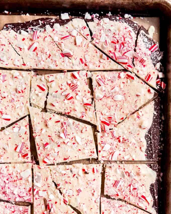 An image of a batch of homemade peppermint bark that has been broken into large chunks.