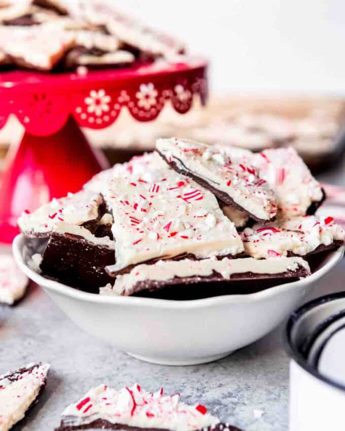 An image of homemade peppermint bark in a bowl.