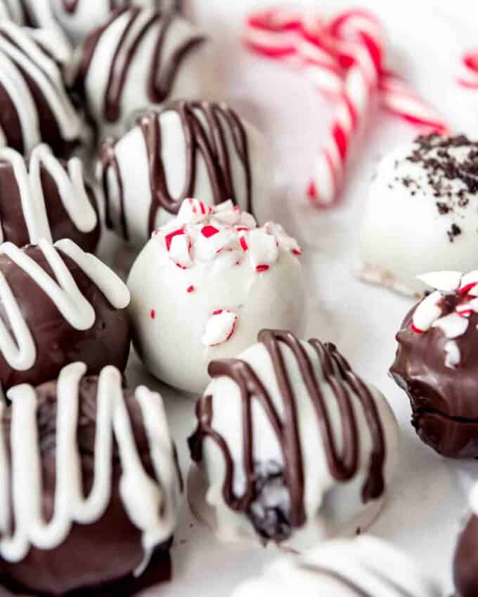 An image of white chocolate covered peppermint Oreo truffles.