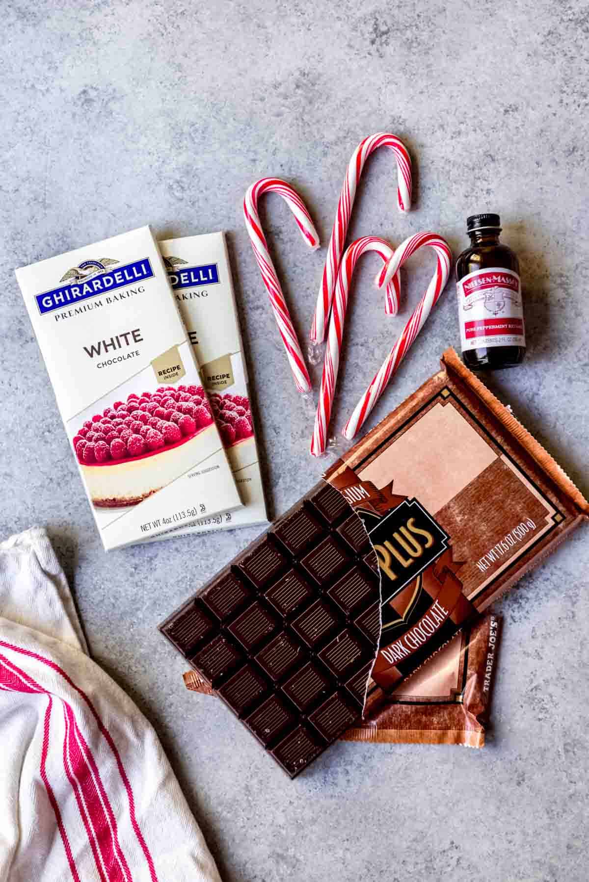 An image of the ingredients for a homemade peppermint bark recipe.