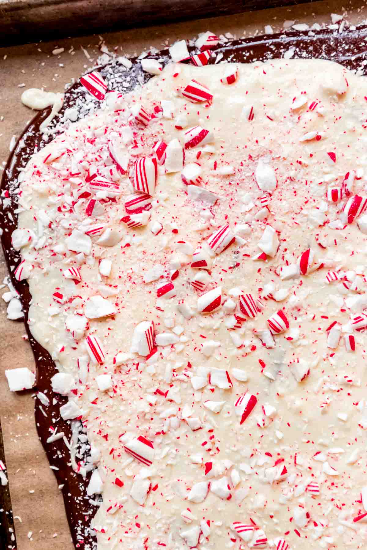 An overhead image of a batch of homemade peppermint bark.