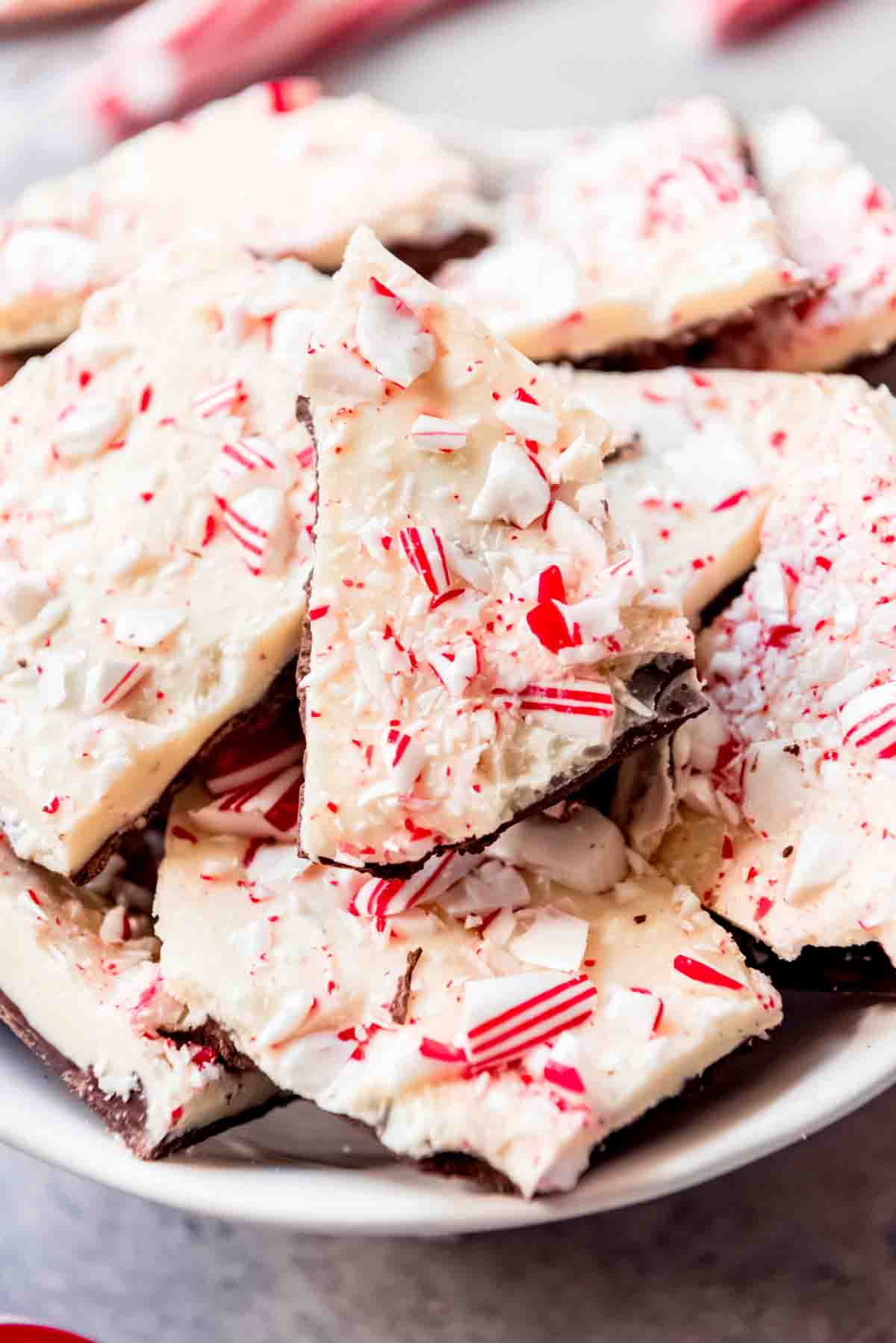 A close-up image of crushed candy canes on white and dark chocolate peppermint bark.