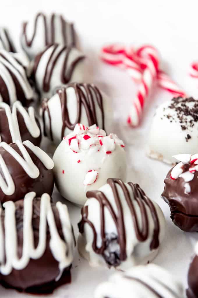 An image of white chocolate covered peppermint Oreo truffles.