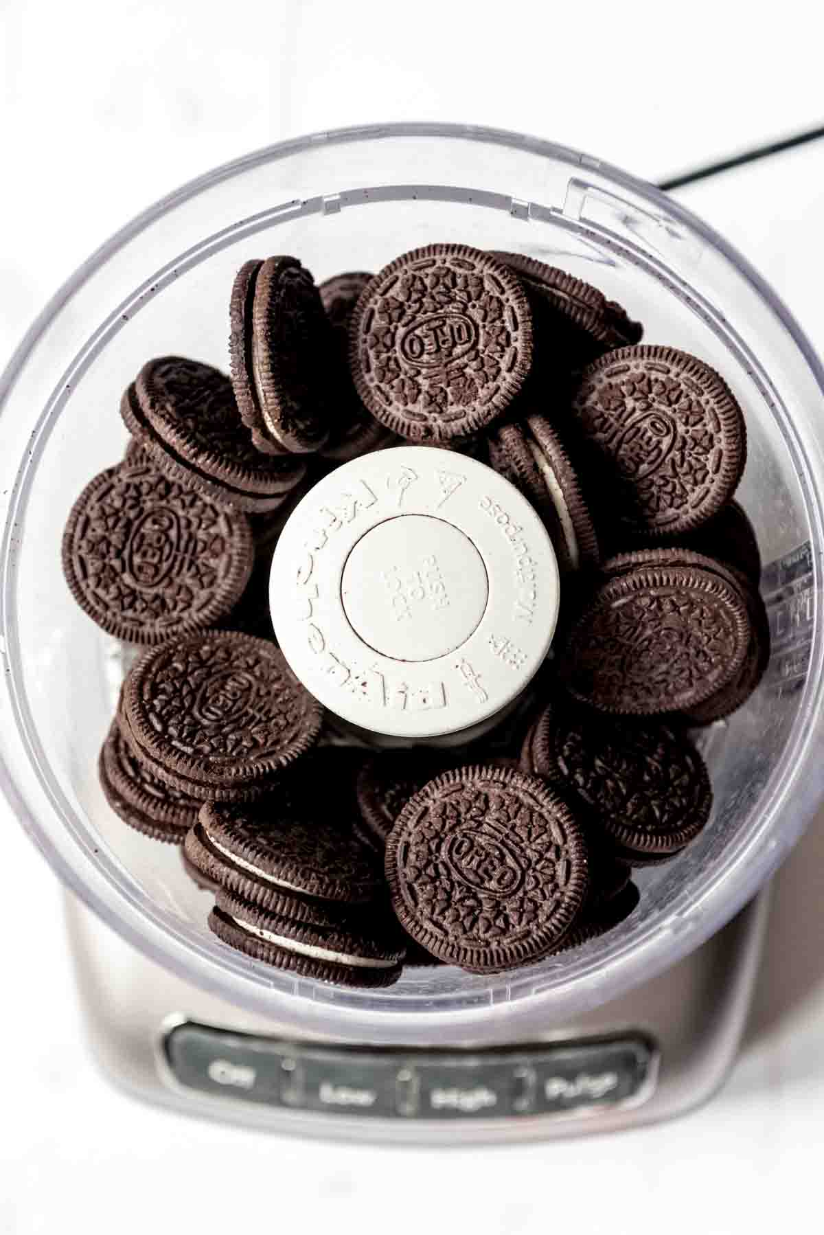 An overhead image of Oreo cookies in a food processor.