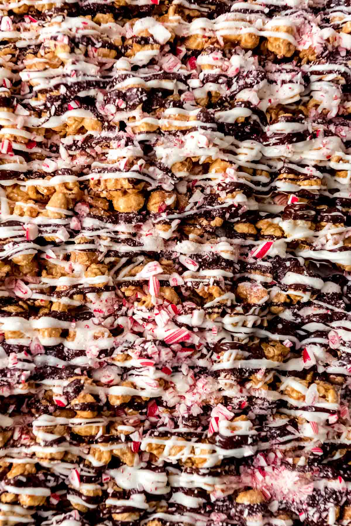 A close up image of caramel corn drizzled with melted dark and white chocolate then sprinkled with crushed peppermint candy canes.