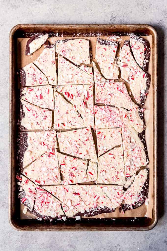 An image of a batch of homemade peppermint bark that has been broken into large chunks.