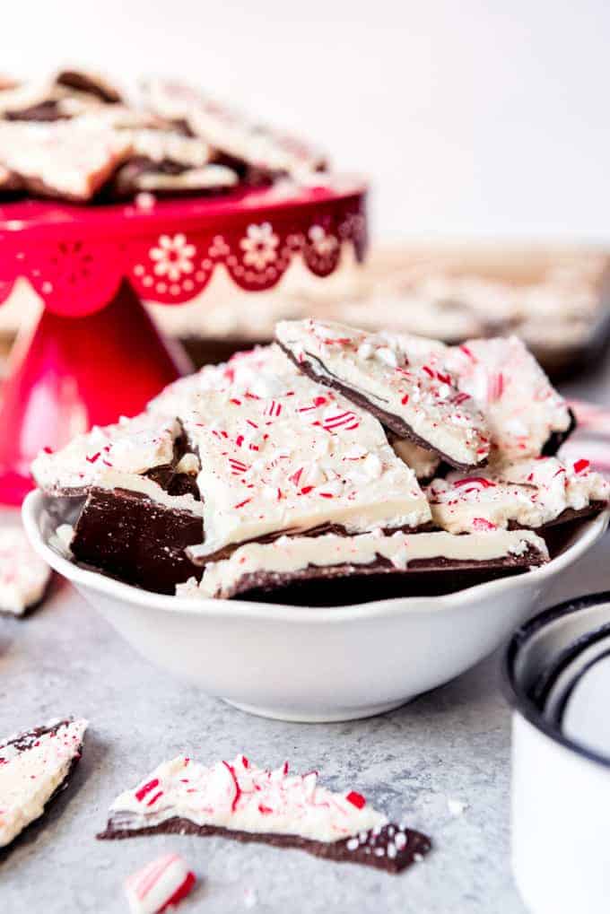 An image of homemade peppermint bark in a bowl.