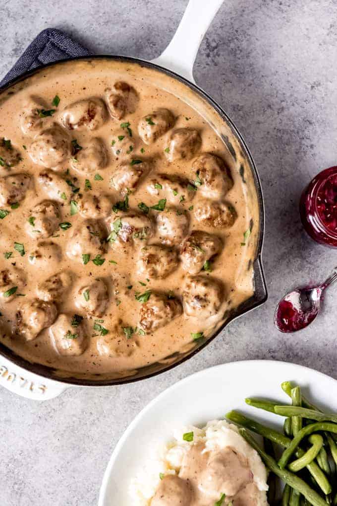 An image of a pan full of homemade Swedish meatballs made from beef and pork.