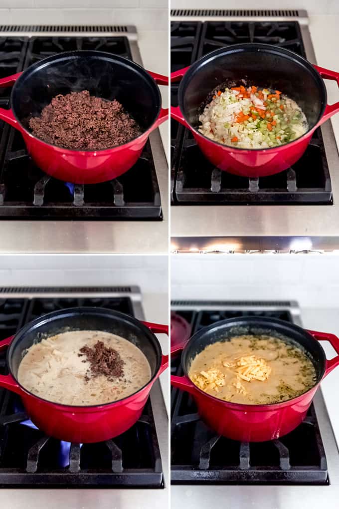 A collage of images showing the steps for how to make cheeseburger soup.