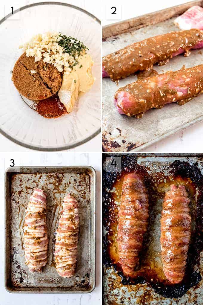 A collage of images showing how to make bacon-wrapped pork tenderloin.