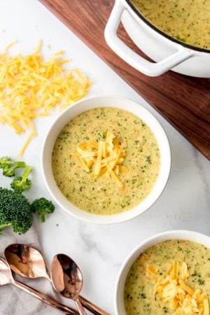 An image of a bowl of homemade broccoli cheese soup.