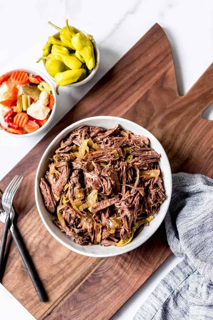 An image of a bowl of shredded Italian beef.