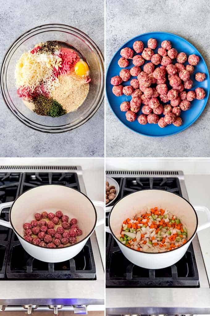 A collage of images showing how to make Italian wedding soup.