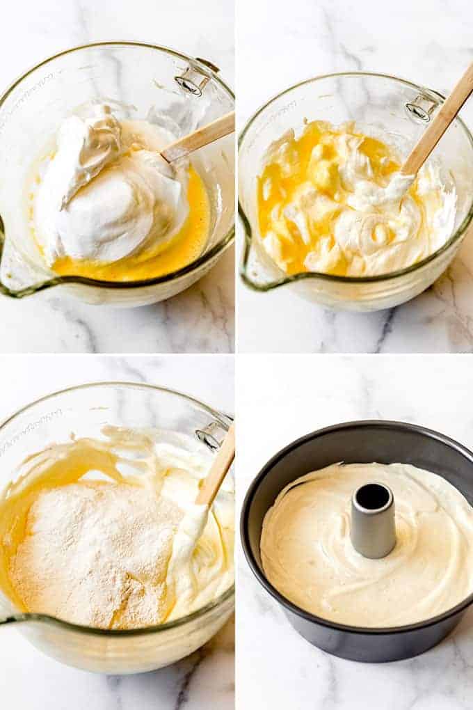 A collage of images showing egg whites and dry ingredients being folded into sponge cake batter.