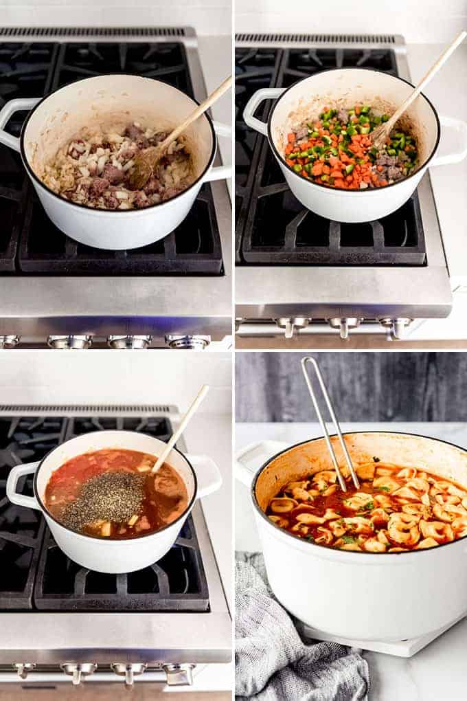 A collage of images showing how to make Italian tortellini soup.