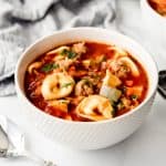 An image of a comforting bowl of tomato basil soup with pasta and sausage.