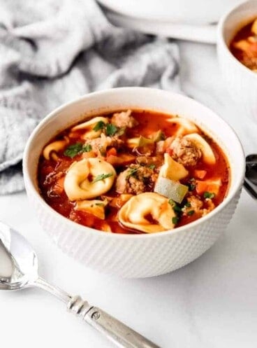 An image of a comforting bowl of tomato basil soup with pasta and sausage.