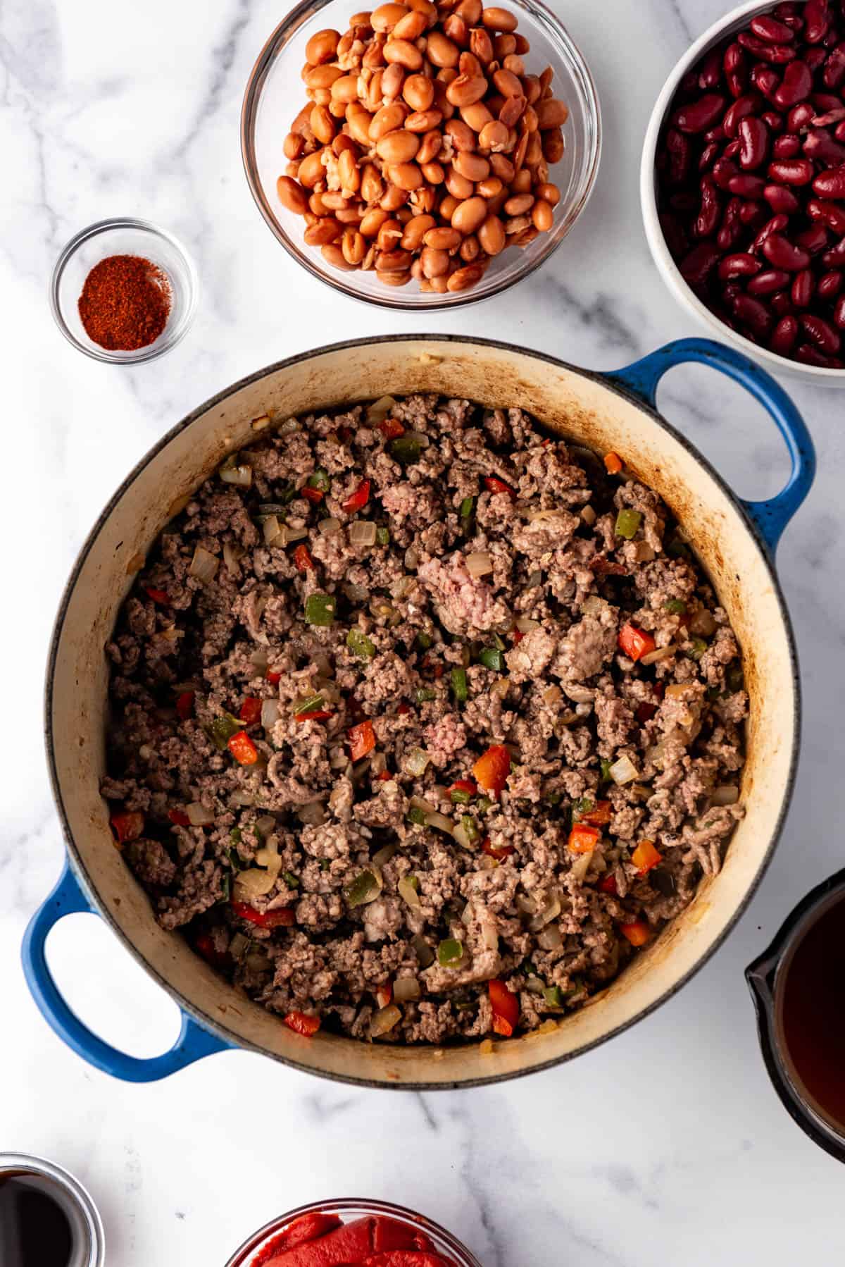 Browned meat in a dutch oven.