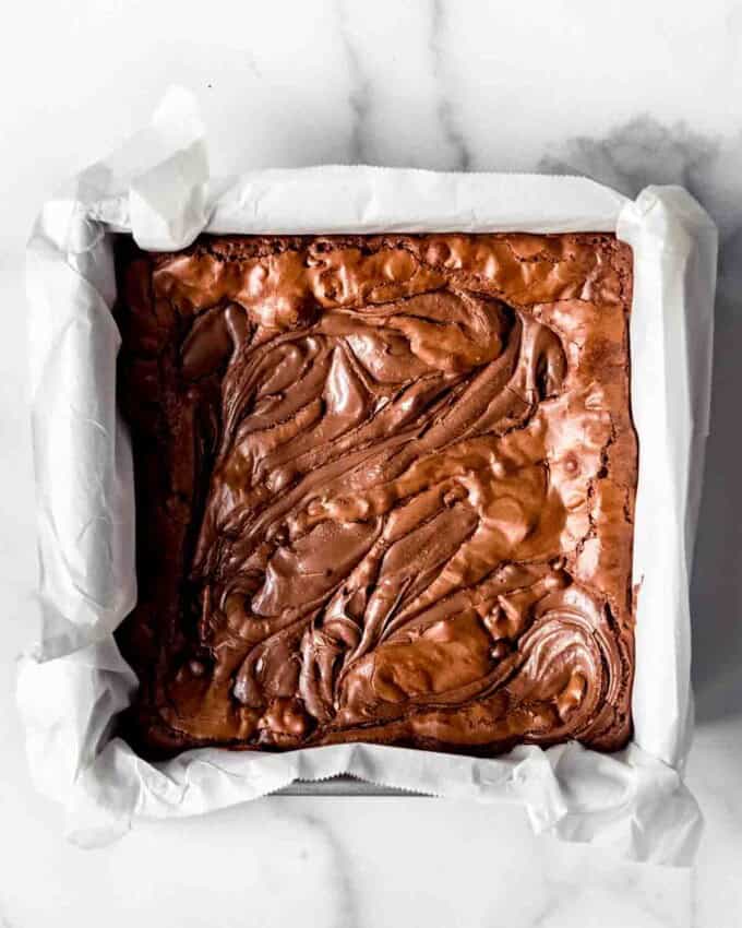 An image of a pan of homemade chocolate hazelnut brownies.