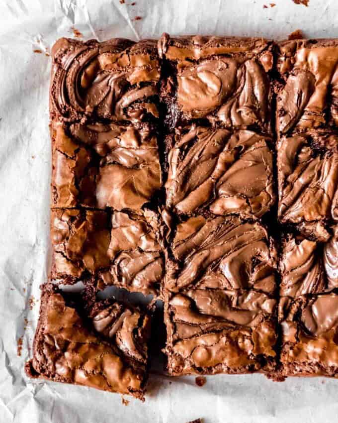 An image of swirled Nutella brownies cut into squares.