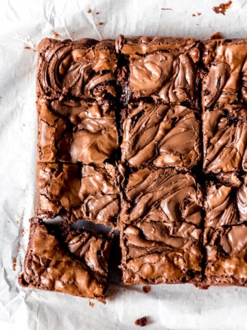 An image of swirled Nutella brownies cut into squares.