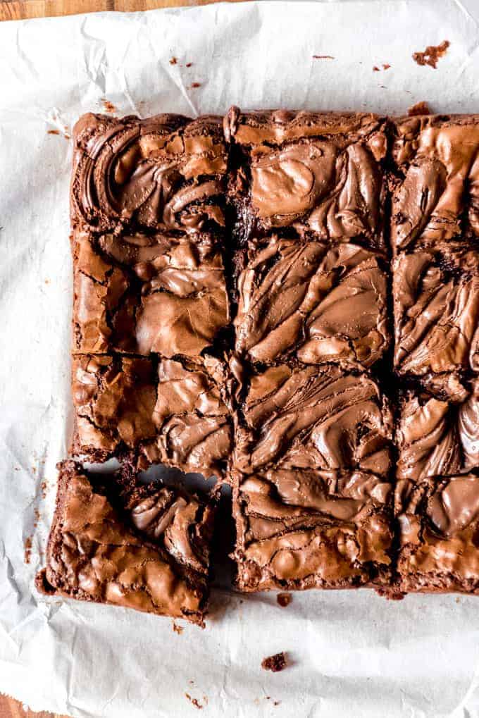An image of swirled Nutella brownies cut into squares.