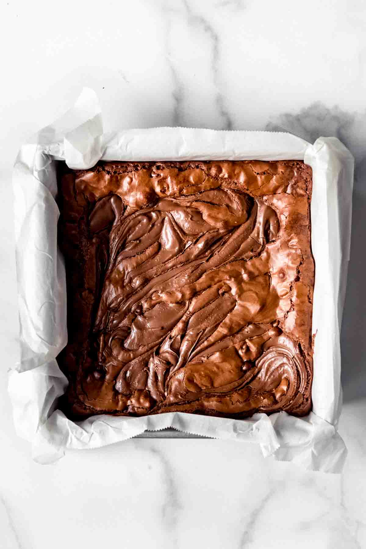 An image of a pan of homemade chocolate hazelnut brownies.