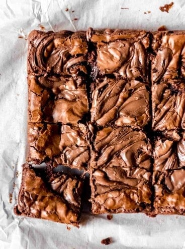 An image of swirled Nutella brownies cut into squares.