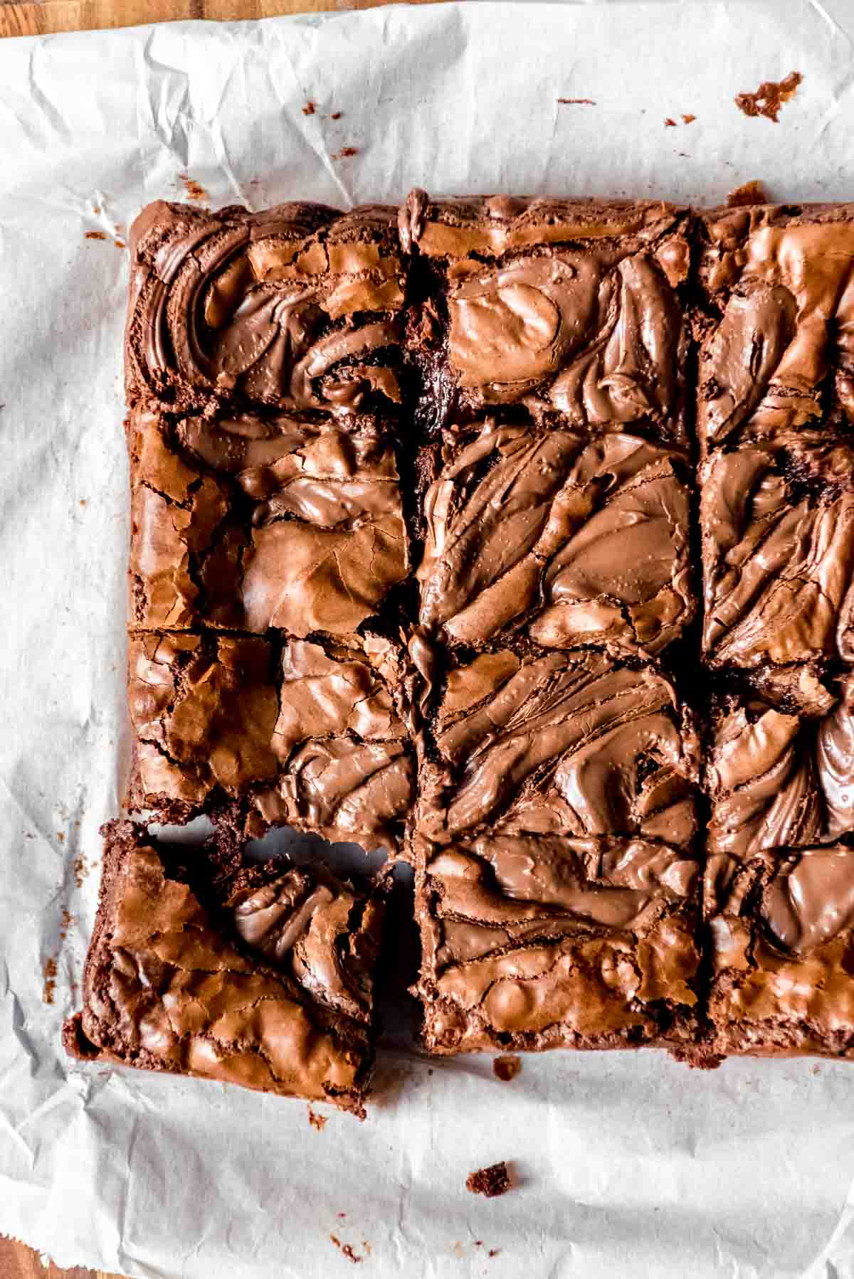 An image of swirled Nutella brownies cut into squares.