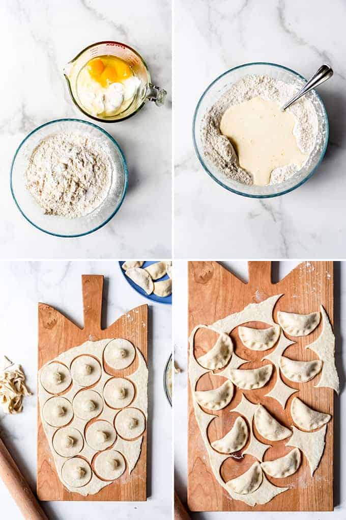 A collage of images showing how to make pierogi