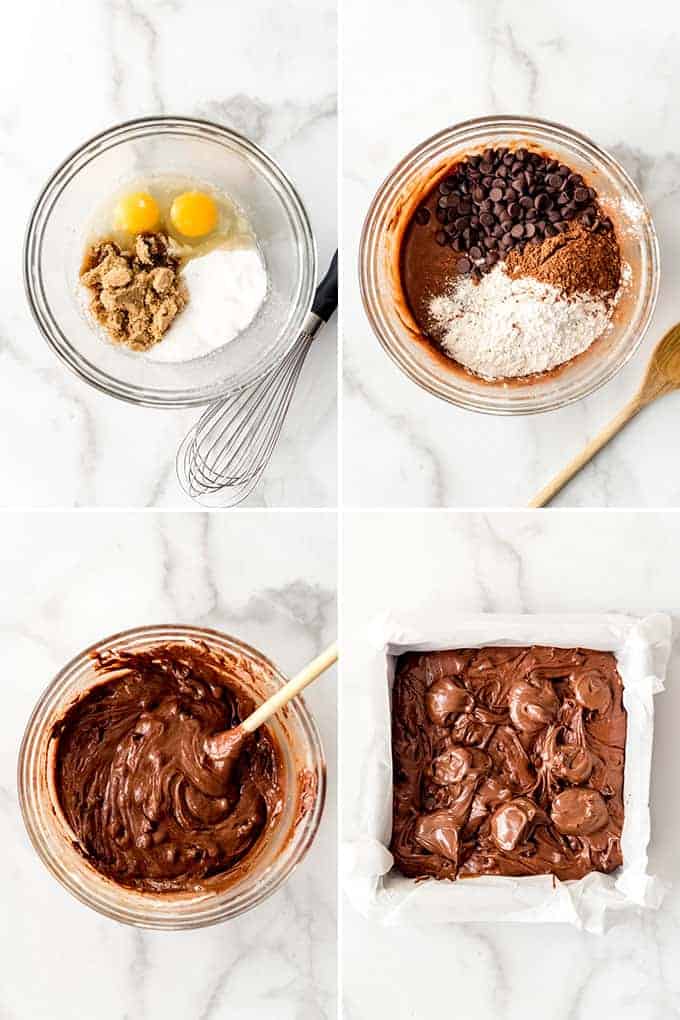A collage of images showing how to make Nutella brownies.